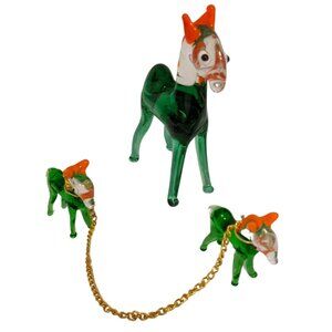 Vintage Art Glass Horse Figures 3.75" & 1.5" Green Red Hand Blown Sculpture